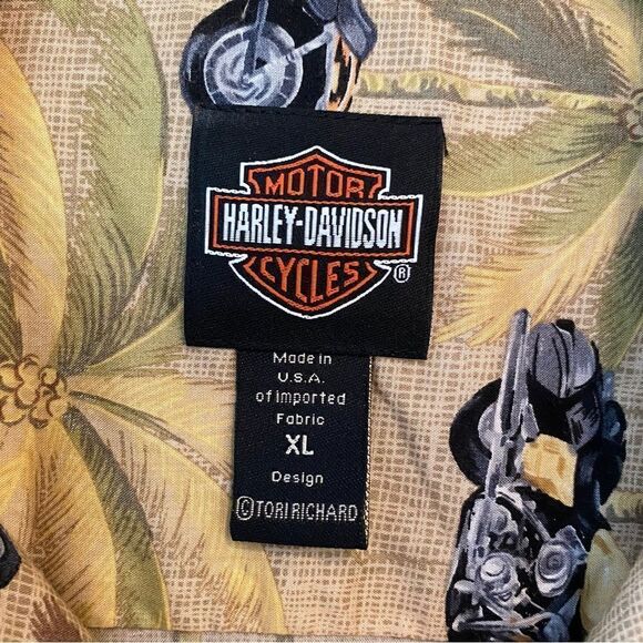 Harley Davidson Tori Richards XL Rare Beige Tropical Motorcycle Palm Print Shirt - Picture 6 of 9